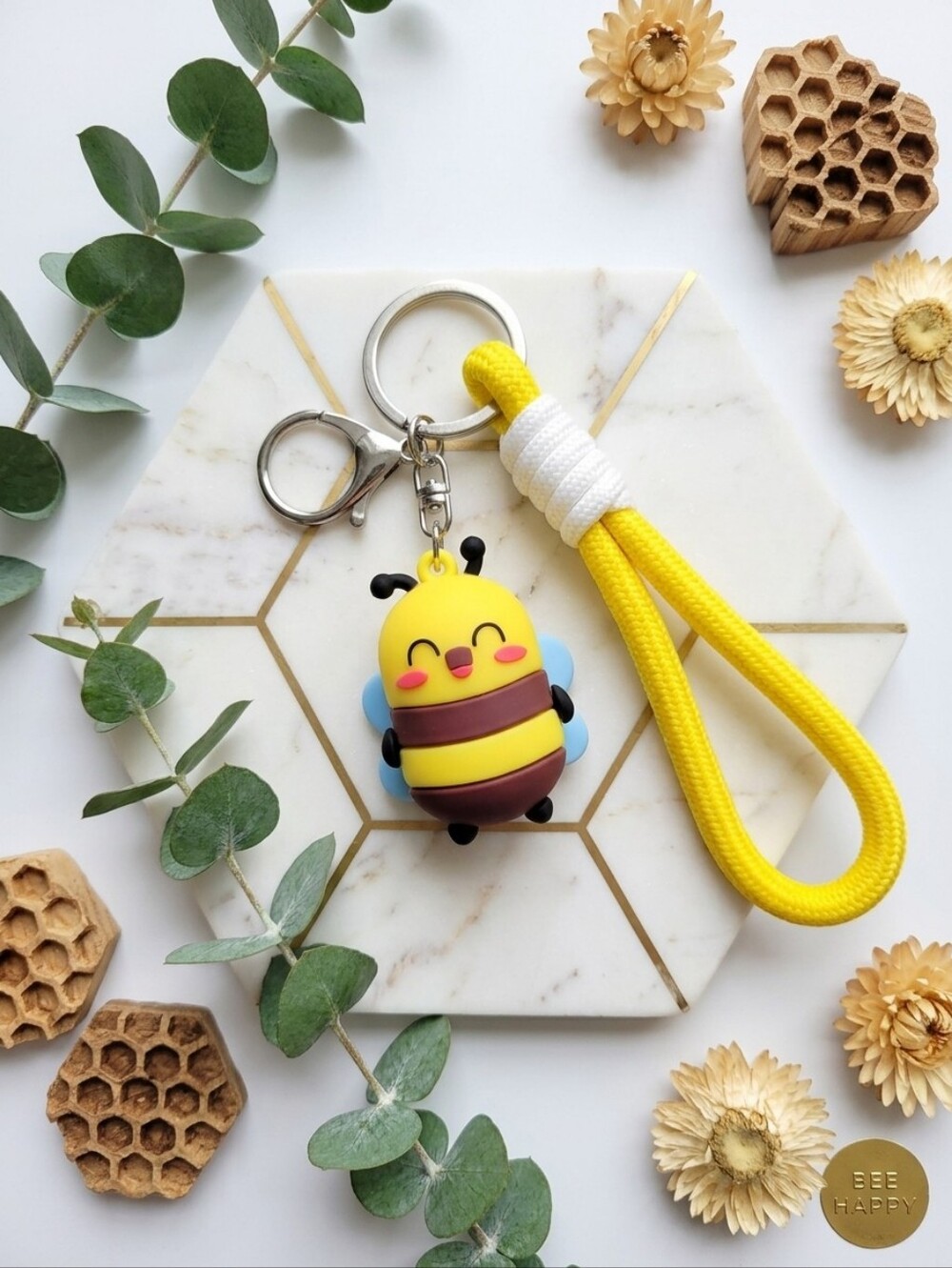 Cute Yellow Bee Keychain with Yellow Strap